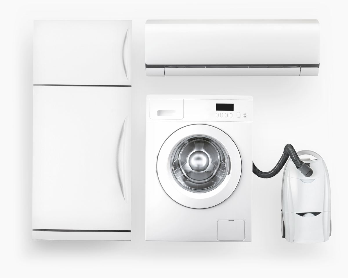A white fridge, air conditioner, washing machine and vacuum cleaner
